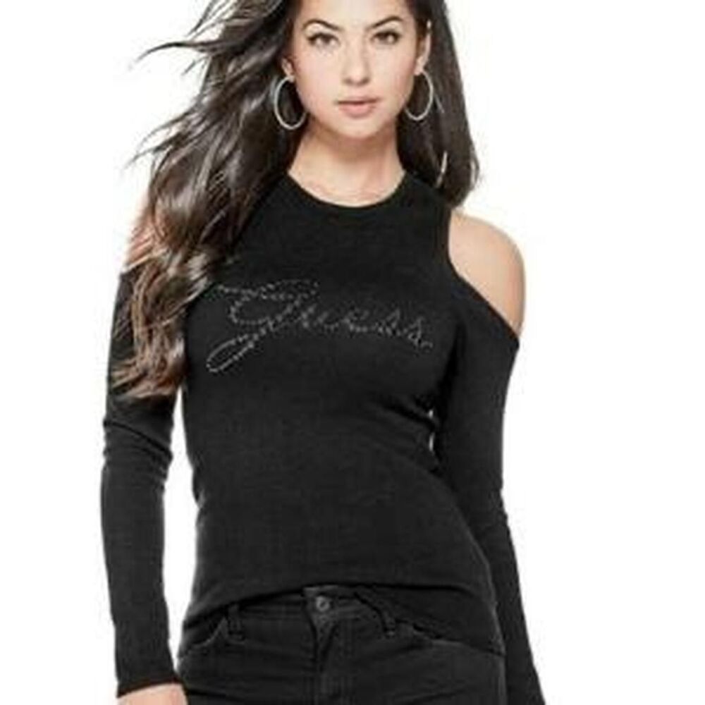 Guess Womens Classic Black Jumper Sweater Size XL Rhinestone Glamour Minimalist